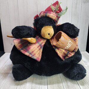 TJ Collection Christmas Bear Plush with Honey Pot & Spoon Black 9'' Tall